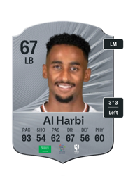 Muteb Al Harbi's FC26 Ultimate Team card - 67 OVR LB with 3-star skills, showing pace 93, shooting 54, passing 62, dribbling 67, defending 56, physicality 60