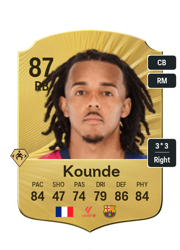 Jules Kounde's FC26 Ultimate Team card - 87 OVR RB with 3-star skills, showing pace 84, shooting 47, passing 74, dribbling 79, defending 86, physicality 84