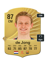 Frenkie de Jong's FC26 Ultimate Team card - 87 OVR CM with 4-star skills, showing pace 82, shooting 71, passing 85, dribbling 87, defending 78, physicality 77