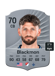 Tristan Blackmon's FC26 Ultimate Team card - 70 OVR CB with 2-star skills, showing pace 90, shooting 43, passing 58, dribbling 67, defending 68, physicality 79