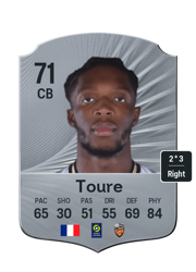 Isaak Toure's FC26 Ultimate Team card - 71 OVR CB with 2-star skills, showing pace 65, shooting 30, passing 51, dribbling 55, defending 69, physicality 84