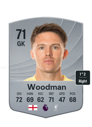 Freddie Woodman's FC26 Ultimate Team card - 71 OVR GK with 1-star skills, showing pace 72, shooting 69, passing 62, dribbling 71, defending 47, physicality 68