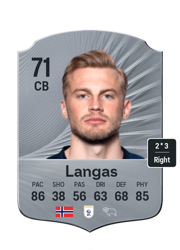 Sondre Langas's FC26 Ultimate Team card - 71 OVR CB with 2-star skills, showing pace 86, shooting 38, passing 56, dribbling 63, defending 68, physicality 85
