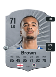 Archie Brown's FC26 Ultimate Team card - 71 OVR LB with 3-star skills, showing pace 85, shooting 48, passing 65, dribbling 71, defending 62, physicality 79