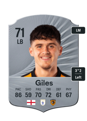 Ryan Giles's FC26 Ultimate Team card - 71 OVR LB with 3-star skills, showing pace 86, shooting 59, passing 70, dribbling 72, defending 61, physicality 67