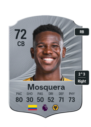 Yerson Mosquera's FC26 Ultimate Team card - 72 OVR CB with 2-star skills, showing pace 80, shooting 30, passing 50, dribbling 52, defending 71, physicality 73