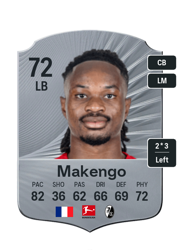 Jordy Makengo's FC26 Ultimate Team card - 72 OVR LB with 2-star skills, showing pace 82, shooting 36, passing 62, dribbling 66, defending 69, physicality 72