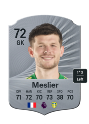Illan Meslier's FC26 Ultimate Team card - 72 OVR GK with 1-star skills, showing pace 71, shooting 72, passing 70, dribbling 73, defending 38, physicality 70