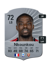 Niels Nkounkou's FC26 Ultimate Team card - 72 OVR LB with 3-star skills, showing pace 83, shooting 49, passing 69, dribbling 74, defending 65, physicality 71
