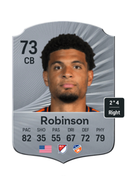 Miles Robinson's FC26 Ultimate Team card - 73 OVR CB with 2-star skills, showing pace 82, shooting 35, passing 55, dribbling 67, defending 72, physicality 79