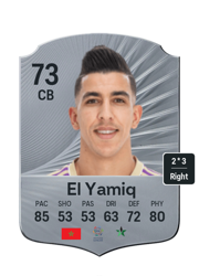 Jawad El Yamiq's FC26 Ultimate Team card - 73 OVR CB with 2-star skills, showing pace 85, shooting 53, passing 53, dribbling 63, defending 72, physicality 80