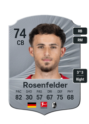 Max Rosenfelder's FC26 Ultimate Team card - 74 OVR CB with 3-star skills, showing pace 82, shooting 30, passing 57, dribbling 67, defending 75, physicality 68