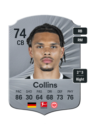 Nnamdi Collins's FC26 Ultimate Team card - 74 OVR CB with 2-star skills, showing pace 86, shooting 30, passing 64, dribbling 68, defending 73, physicality 76