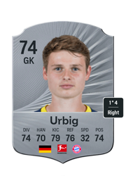 Jonas Urbig's FC26 Ultimate Team card - 74 OVR GK with 1-star skills, showing pace 74, shooting 70, passing 79, dribbling 76, defending 32, physicality 74