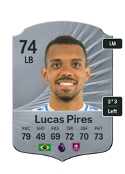 Lucas Pires's FC26 Ultimate Team card - 74 OVR LB with 3-star skills, showing pace 79, shooting 49, passing 69, dribbling 72, defending 70, physicality 73