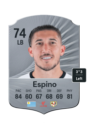 Alfonso Espino's FC26 Ultimate Team card - 74 OVR LB with 3-star skills, showing pace 84, shooting 60, passing 67, dribbling 68, defending 69, physicality 81
