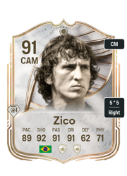 Zico's FC26 Ultimate Team card - 91 OVR CAM with 5-star skills, showing pace 89, shooting 92, passing 91, dribbling 91, defending 62, physicality 71