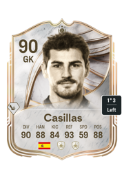 Casillas's FC26 Ultimate Team card - 90 OVR GK with 1-star skills, showing pace 90, shooting 88, passing 84, dribbling 93, defending 59, physicality 88