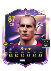 Jaap Stam's FC26 Ultimate Team card - 87 OVR CB with 2-star skills, showing pace 83, shooting 52, passing 62, dribbling 68, defending 89, physicality 88