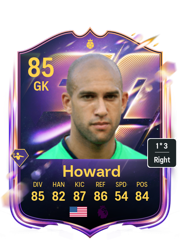 Tim Howard's FC26 Ultimate Team card - 85 OVR GK with 1-star skills, showing pace 85, shooting 82, passing 87, dribbling 86, defending 54, physicality 84