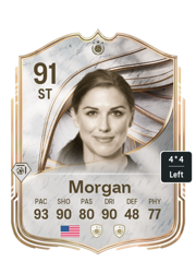 Alex Morgan's FC26 Ultimate Team card - 91 OVR ST with 4-star skills, showing pace 93, shooting 90, passing 80, dribbling 90, defending 48, physicality 77