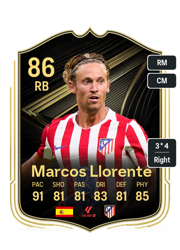 Marcos Llorente's FC26 Ultimate Team card - 86 OVR RB with 3-star skills, showing pace 91, shooting 81, passing 81, dribbling 83, defending 81, physicality 85
