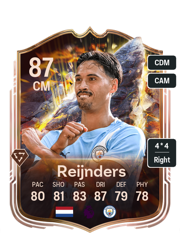 Tijjani Reijnders's FC26 Ultimate Team card - 87 OVR CM with 4-star skills, showing pace 80, shooting 81, passing 83, dribbling 87, defending 79, physicality 78