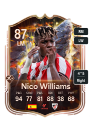 Nico Williams's FC26 Ultimate Team card - 87 OVR LM with 4-star skills, showing pace 94, shooting 77, passing 81, dribbling 88, defending 38, physicality 68