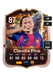 Claudia Pina's FC26 Ultimate Team card - 87 OVR LW with 4-star skills, showing pace 81, shooting 88, passing 85, dribbling 88, defending 46, physicality 72