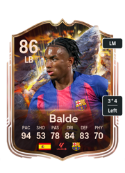 Balde's FC26 Ultimate Team card - 86 OVR LB with 3-star skills, showing pace 94, shooting 53, passing 78, dribbling 84, defending 83, physicality 70