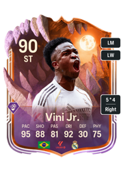 Vini Jr.'s FC26 Ultimate Team card - 90 OVR ST with 5-star skills, showing pace 95, shooting 88, passing 81, dribbling 92, defending 30, physicality 75