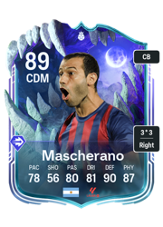 Javier Mascherano's FC26 Ultimate Team card - 89 OVR CDM with 3-star skills, showing pace 78, shooting 56, passing 80, dribbling 81, defending 90, physicality 87