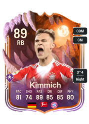 Joshua Kimmich's FC26 Ultimate Team card - 89 OVR RB with 3-star skills, showing pace 81, shooting 74, passing 89, dribbling 85, defending 85, physicality 80