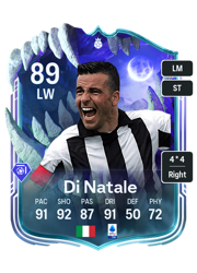 Antonio Di Natale's FC26 Ultimate Team card - 89 OVR LW with 4-star skills, showing pace 91, shooting 92, passing 87, dribbling 91, defending 50, physicality 72