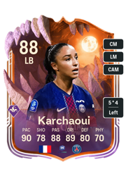 Sakina Karchaoui's FC26 Ultimate Team card - 88 OVR LB with 5-star skills, showing pace 90, shooting 78, passing 88, dribbling 89, defending 80, physicality 70