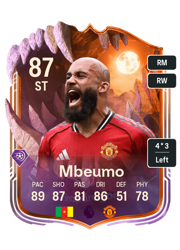 Bryan Mbeumo's FC26 Ultimate Team card - 87 OVR ST with 4-star skills, showing pace 89, shooting 87, passing 81, dribbling 86, defending 51, physicality 78