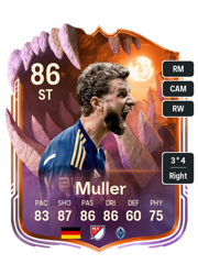Thomas Muller's FC26 Ultimate Team card - 86 OVR ST with 3-star skills, showing pace 83, shooting 87, passing 86, dribbling 86, defending 60, physicality 75
