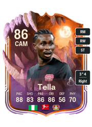 Nathan Tella's FC26 Ultimate Team card - 86 OVR CAM with 3-star skills, showing pace 88, shooting 83, passing 86, dribbling 86, defending 56, physicality 70