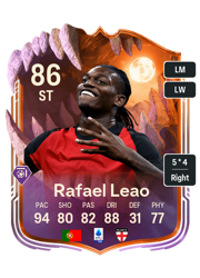 Rafael Leao's FC26 Ultimate Team card - 86 OVR ST with 5-star skills, showing pace 94, shooting 80, passing 82, dribbling 88, defending 31, physicality 77