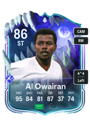Saeed Al Owairan's FC26 Ultimate Team card - 86 OVR ST with 4-star skills, showing pace 95, shooting 84, passing 81, dribbling 87, defending 37, physicality 74