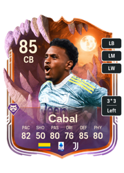 Juan David Cabal's FC26 Ultimate Team card - 85 OVR CB with 3-star skills, showing pace 82, shooting 50, passing 80, dribbling 76, defending 85, physicality 80