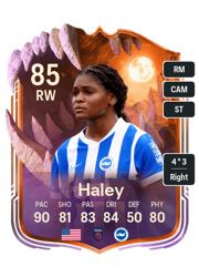 Madison Haley's FC26 Ultimate Team card - 85 OVR RW with 4-star skills, showing pace 90, shooting 81, passing 83, dribbling 84, defending 50, physicality 80