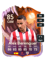 Alex Berenguer's FC26 Ultimate Team card - 85 OVR CAM with 4-star skills, showing pace 86, shooting 83, passing 85, dribbling 85, defending 70, physicality 73