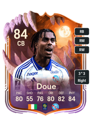 Guela Doue's FC26 Ultimate Team card - 84 OVR CB with 3-star skills, showing pace 80, shooting 55, passing 76, dribbling 80, defending 82, physicality 84