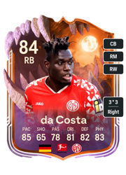 Danny da Costa's FC26 Ultimate Team card - 84 OVR RB with 3-star skills, showing pace 85, shooting 65, passing 78, dribbling 81, defending 82, physicality 83