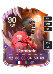 Ousmane Dembele's FC26 Ultimate Team card - 90 OVR RW with 5-star skills, showing pace 92, shooting 88, passing 83, dribbling 94, defending 50, physicality 69