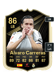 Alvaro Carreras's FC26 Ultimate Team card - 86 OVR LB with 3-star skills, showing pace 89, shooting 72, passing 82, dribbling 86, defending 81, physicality 87