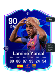 Lamine Yamal's FC26 Ultimate Team card - 90 OVR RM with 5-star skills, showing pace 89, shooting 86, passing 87, dribbling 93, defending 24, physicality 54