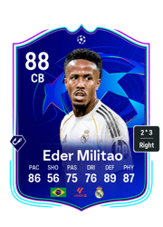 Eder Militao's FC26 Ultimate Team card - 88 OVR CB with 2-star skills, showing pace 86, shooting 56, passing 75, dribbling 76, defending 89, physicality 87