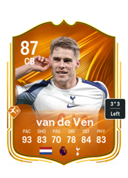 Micky van de Ven's FC26 Ultimate Team card - 87 OVR CB with 3-star skills, showing pace 93, shooting 83, passing 70, dribbling 78, defending 84, physicality 83